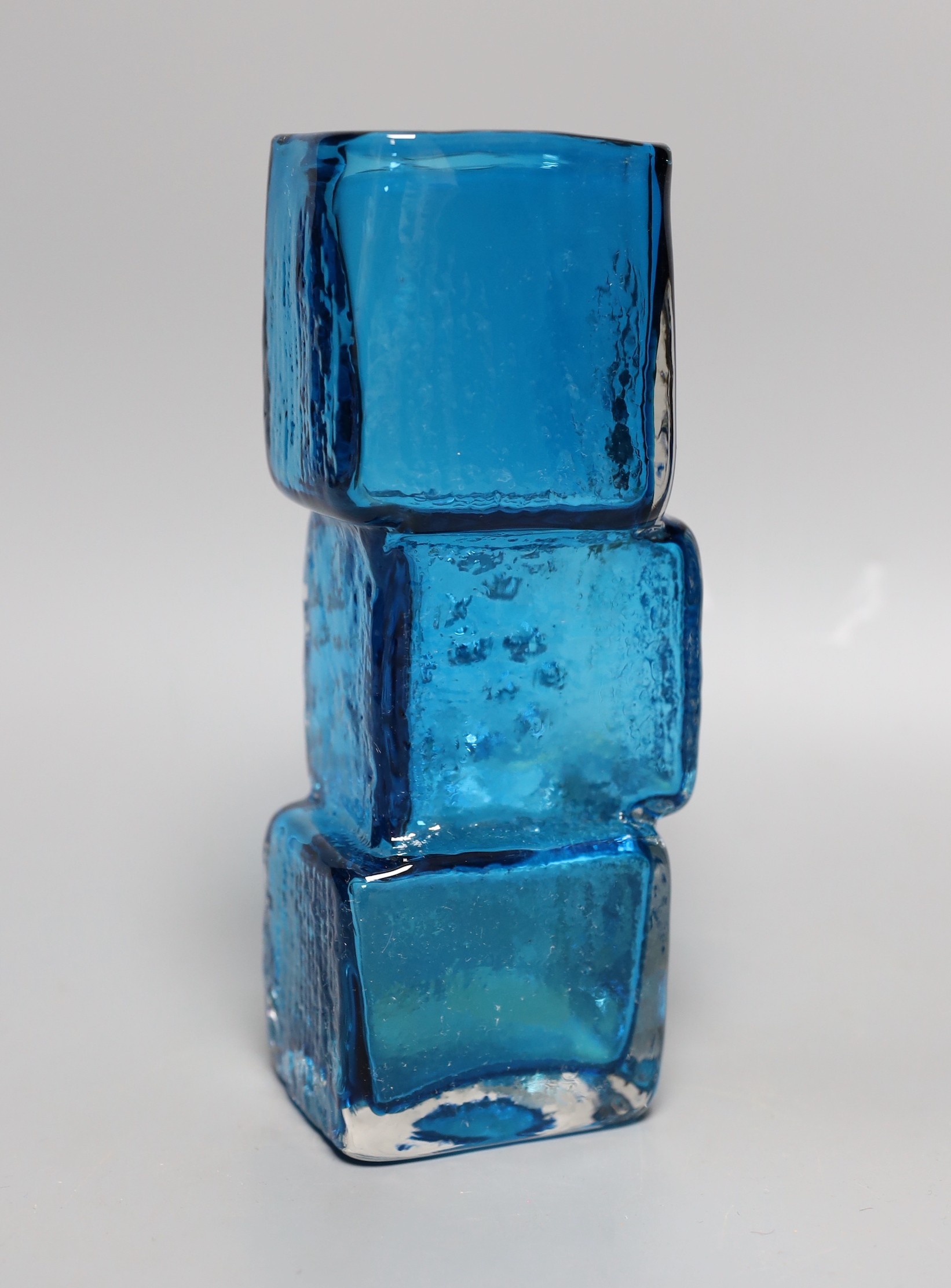 A Whitefriars 'Drunken Bricklayer's' glass vase, designed by Geoffrey Baxter, pattern number 9673, blue glass, 21cm tall